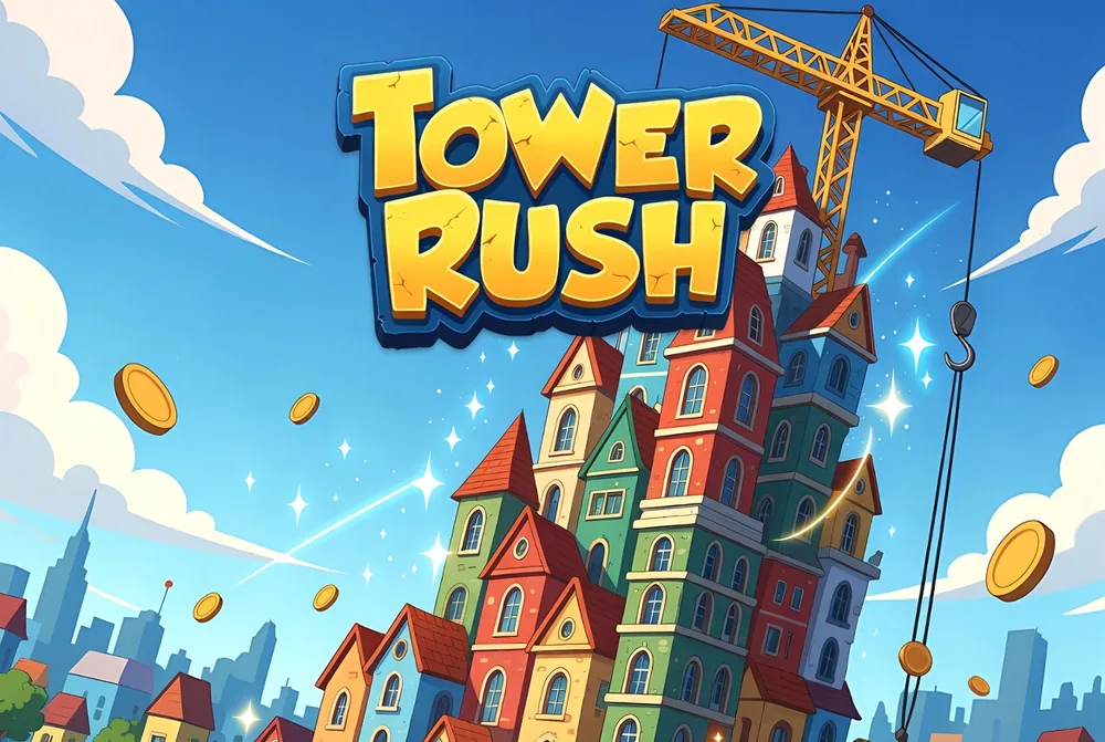 Tower Rush game skyline with the crane stacking floors above the city